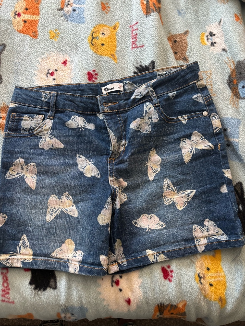 Girls' Dark Blue Denim Butterfly Print Shorts